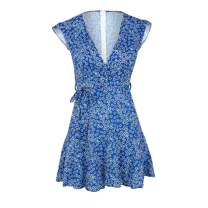 

Women Dress V neck Print Sexy Boho Dresses Fashion Summer Short Sleeve Party Culb Mini Dress A-Line Casual Lace Up Short Dress