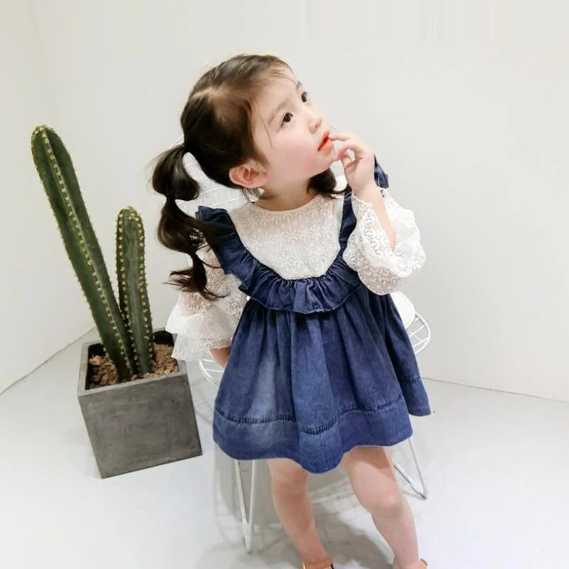 2019 Spring Autumn Long Sleeve Girls Princess Lace Dress Ruffles Baby Toddler Kids Dresses for Girl Child Denim Clothes JW4434 | Детская