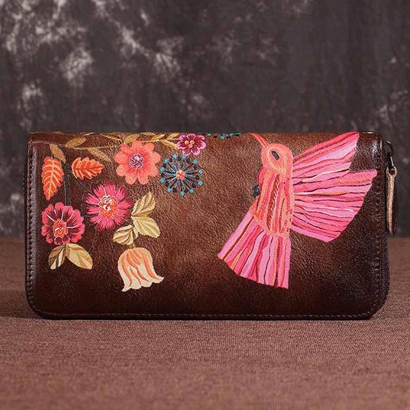 

Women Genuine Leather Long Wallet Money Handy Zipper Bag Cards Holder Luxury Plum Flower Vintage Female Clutch Wrist Bags Purse