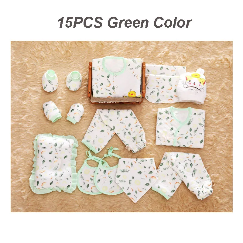 Green baby set 15pcs 15 шт./компл. хлопок Одежда для новорожденных; сезон зима-весна; принт Одежда для маленьких мальчиков и девочек комплект для новорожденных подарок младенческой Костюмы - Цвет: Green baby set 15pcs