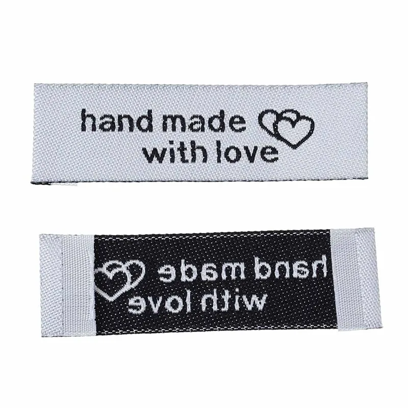 DoreenBeads Терилен тканые печатные этикетки DIY Скрапбукинг Ремесло прямоугольник белое сердце узор "ручной работы с любовью" 50 шт