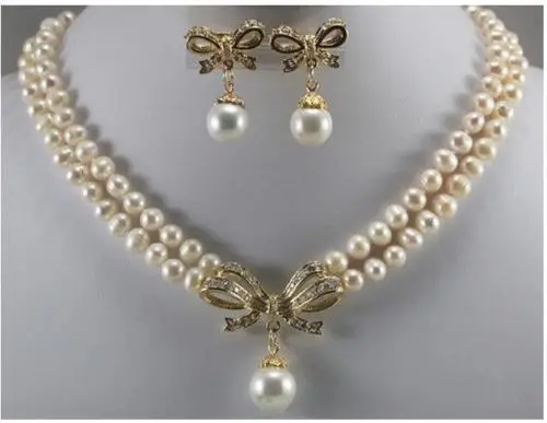 

Charming 2 Row 8mm Shell Pearl Necklace Flower Pendant Earrings Set