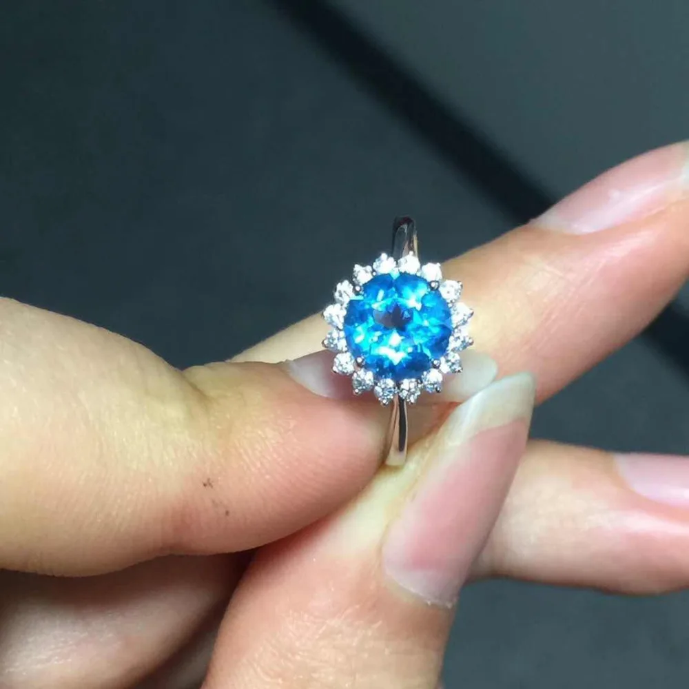 Dia 7mm Carat Natural Blue Topaz Gem Stone Ring Women Solid 925 Sterling Silver Band Original Jewelry Engagement Bijou Gift | Украшения и