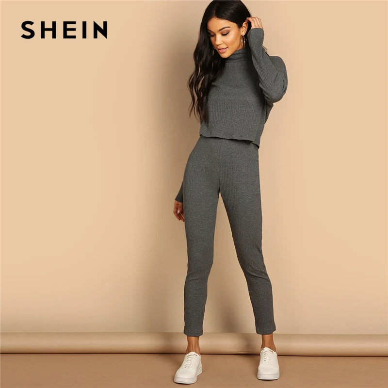 SHEIN Однотонный Трикотажный Костюм Топ с Длинными Рукавами И Брюки Стильный Комплект С Высоким Воротником