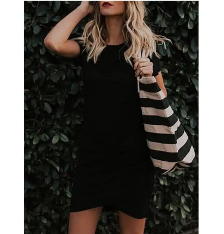 

Women Summer Round Neck Mid Sleeve Tights Stretch Bag Hip Irregular Mini Slim Solid Color Sexy Dress