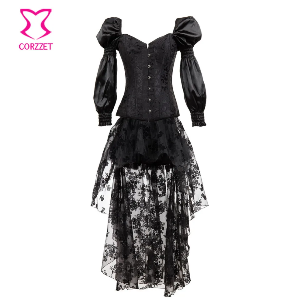 Corstory Victorian Black Satin&Brocade Steel Boned Long Sleeve Overbust Corset Skirt Burlesque Steampunk Gothic Corsets Dress