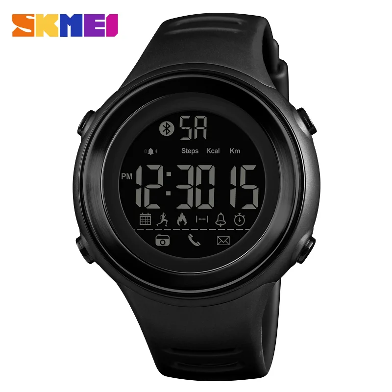 all black SKMEI Bluetooth Смарт часы для мужчин Шагомер Секундомер Водонепроницаемый спортивные часы цифровой светодиодный электроника часы для мужчин Smartwatch - Цвет: all black