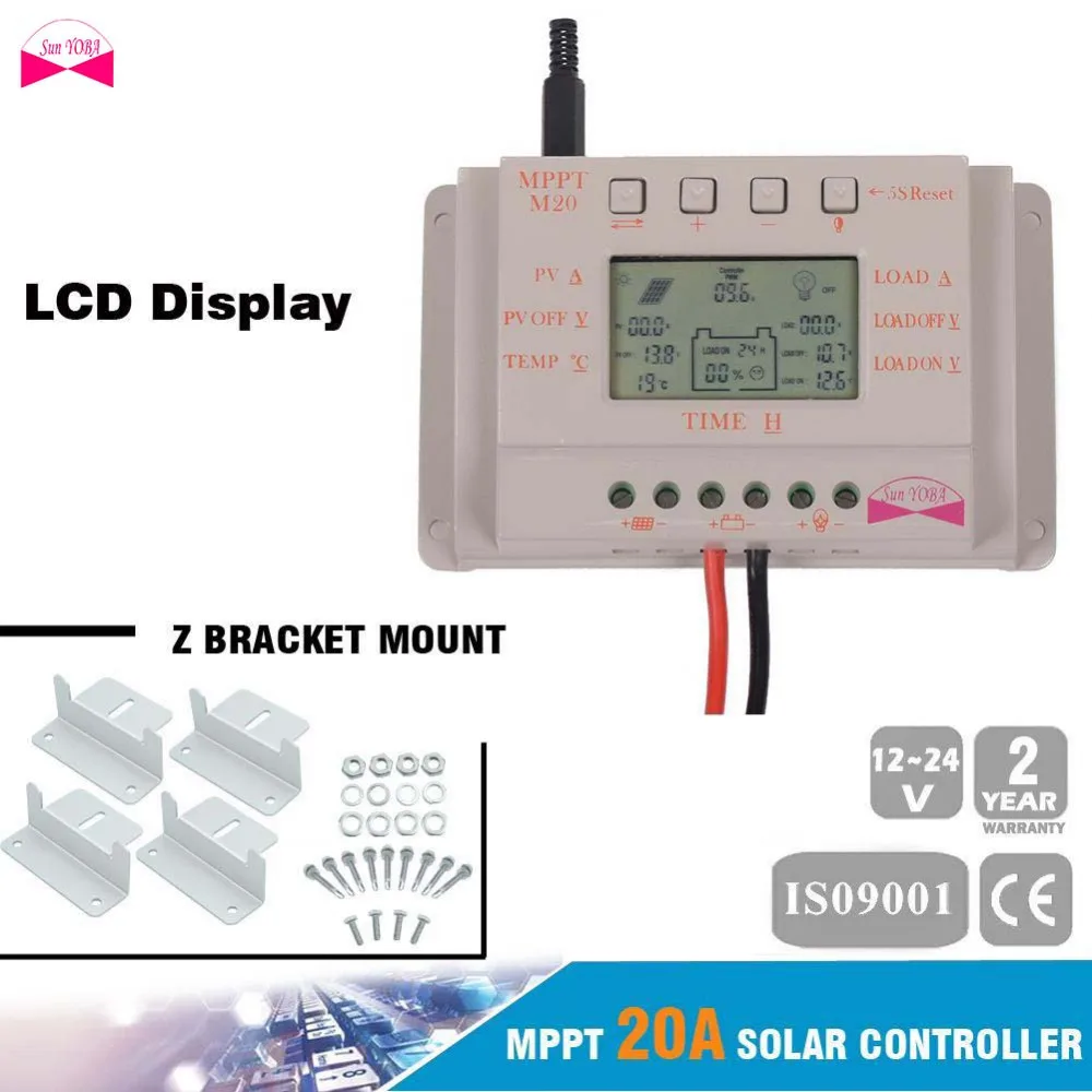 MPPT Солнечный контроллер заряда 20A ЖК дисплей регулятор 12 в 24 В + солнечная панель Z