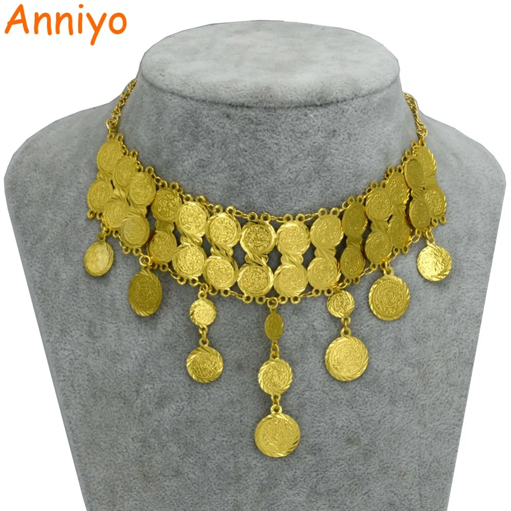 Anniyo 43 см+ 6 см металлическая монета ожерелье для женщин/девочек, арабские золотые монеты цвета амулеты Средний ювелирные изделия в восточном стиле Африка подарки#063806
