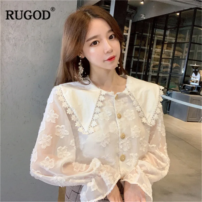 Женские кружевные блузки RUGOD корейские с расклешенным рукавом и отложным