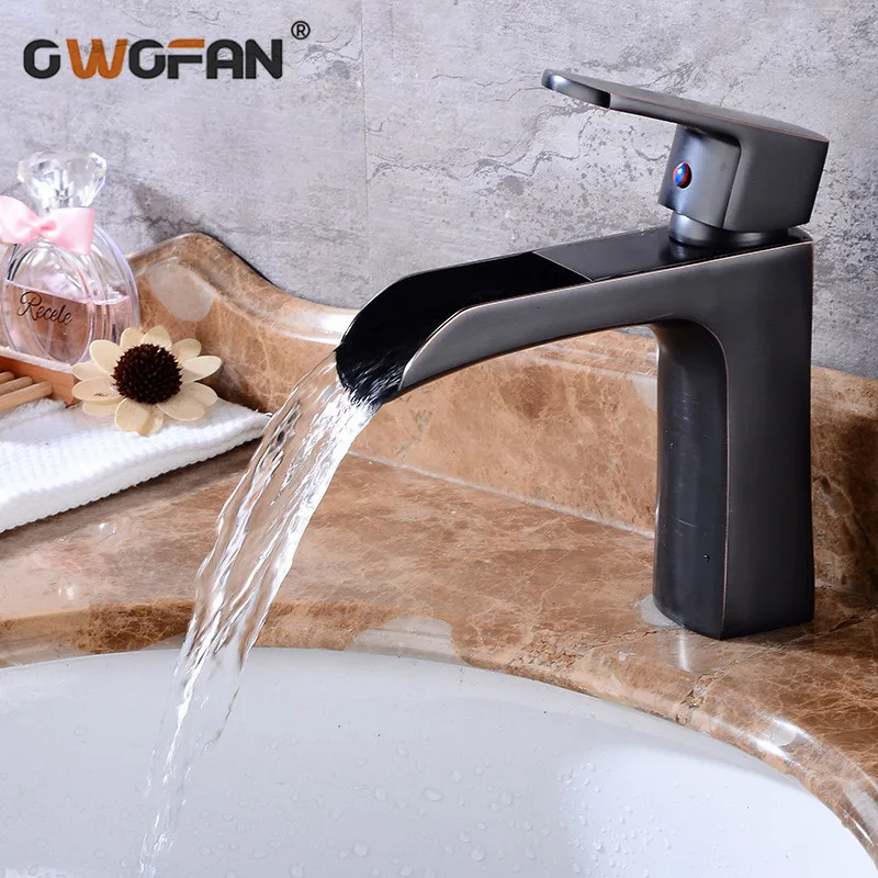 

Bathroom Waterfall Black Bronze Basin Faucets Single handle Short Style Basin Mixer Bath Antique Faucet Brass Sink Taps S79-380