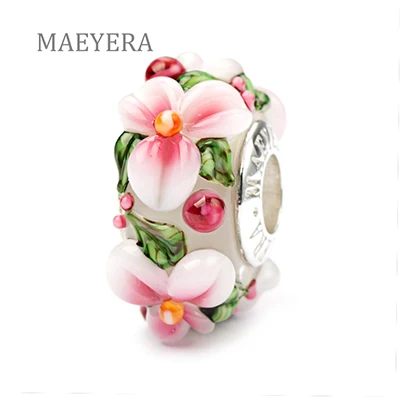 Peach blossom MAEYERA 925 пробы серебряные бусины лэмпворк богемные стерео лепестки муранского стекла бусины для европейских браслетов ювелирные изделия - Цвет: Peach blossom