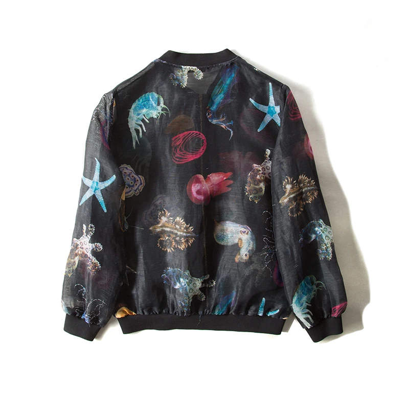 Women Jacket 50%Real Silk 50%Linen Casual Zipper Printed Jackets 2019 Fall Winter New Outwear Black | Женская одежда