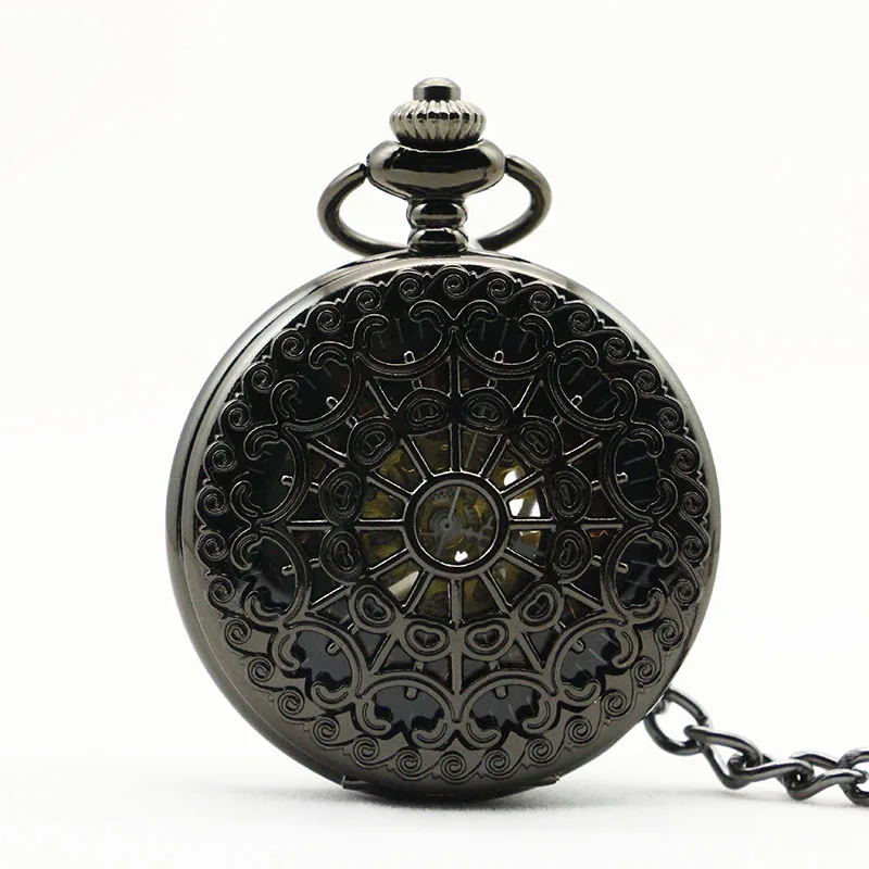 Antique Black Spider Hollow Pattern Mechanical Pocket Watch Retro Steampunk Manual Clockwork Gentleman Fob Chain Watch Gift