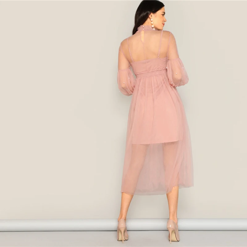 SHEIN Прозрачное Сетчатое Платье С Оригинальным Рукавом И Бусинами Нарядное Вечернее Платье На Бретельках С Открытой Спиной