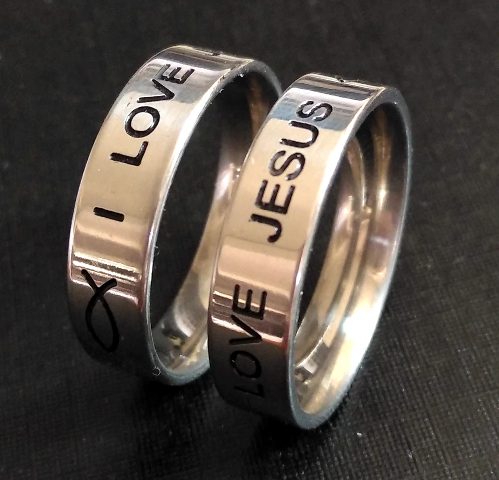 50PCS Etched oil filled Silver 6mm I love Jesus Fish 316L Stainless Steel Finger Rings Christian Ring Cross Unique Jewelry | Украшения и