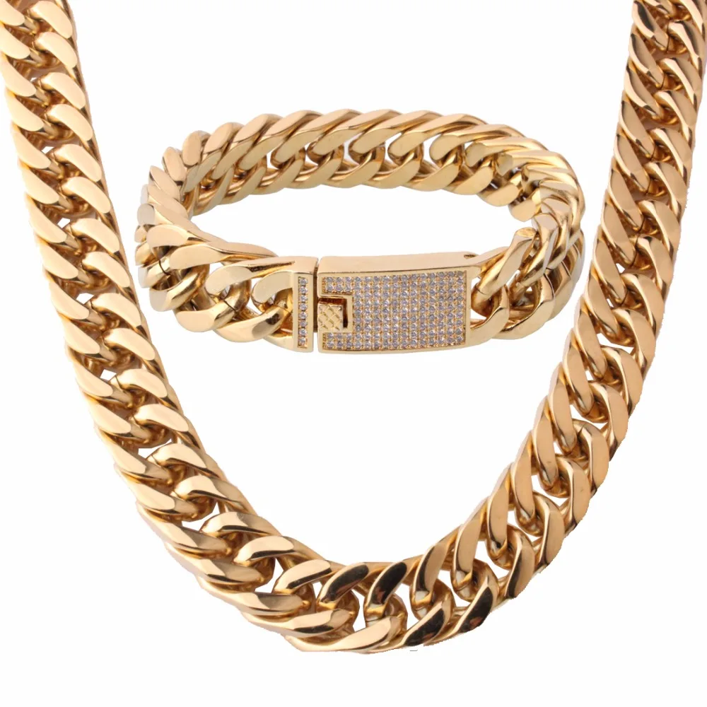 

Thick Gold Chain Set Wholesale Men's Jewelry White/Black Crystal buckle Necklace Bracelet Stainless Steel Jewelry Sets