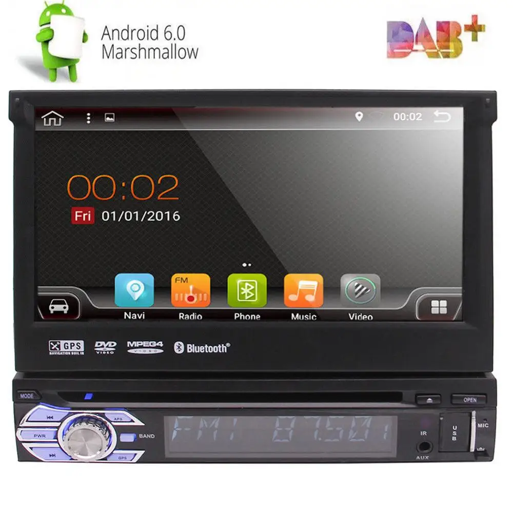 7 дюймов Android 6 0 откидной автомобильный dvd плеер стерео радио одиночный DIN 4 ядерный