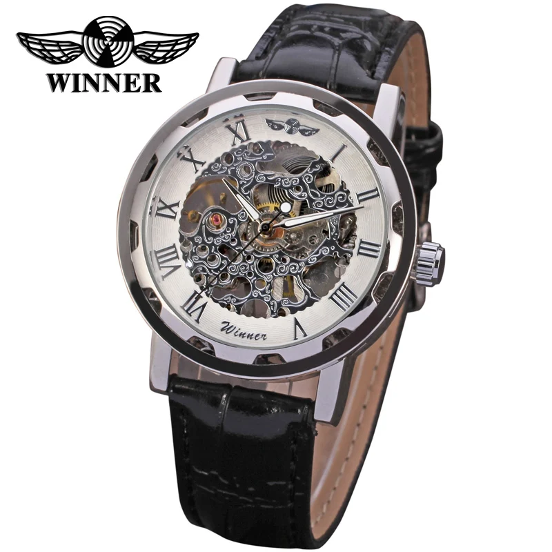 Winner Men's Watch Mechanical Movt Transparent Crystal Leather Strap Stylish Analog Fashion Wristwatch Color White WRG8008M3S1 | Наручные