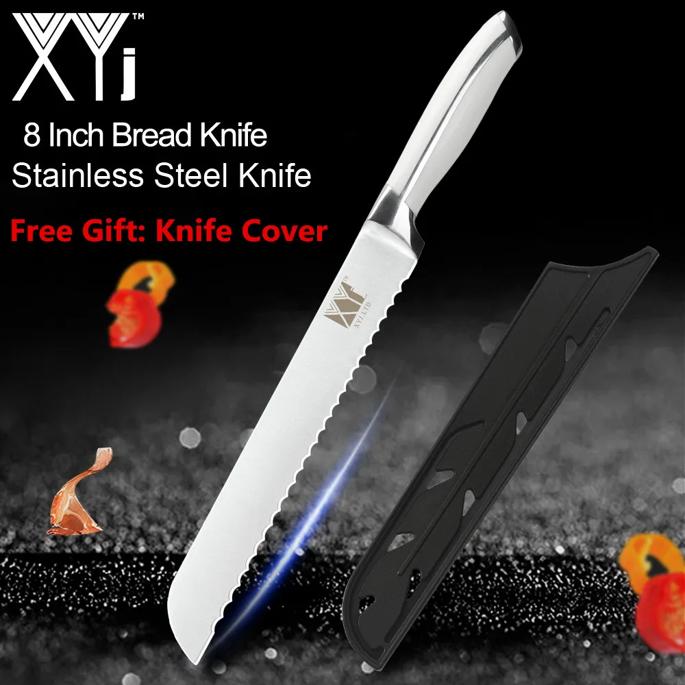 XYj кухонные ножи для приготовления пищи, нож для очистки овощей Santoku, нож для нарезки хлеба, ножи из нержавеющей стали, аксессуары для приготовления пищи с крышкой для ножа - Цвет: Bread Knife