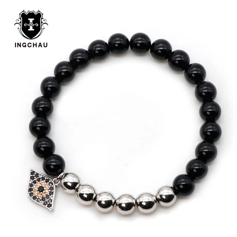 Модный микро-паве CZ браслет evil eye мужской Природный Оникс браслеты из камней для