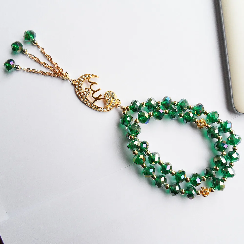 Малахитовый зеленый кристалл мусульманский кулон аксессуары tasbih молитвенные бусы браслет ювелирные изделия, стрейч мусульманский strand браслеты подарок