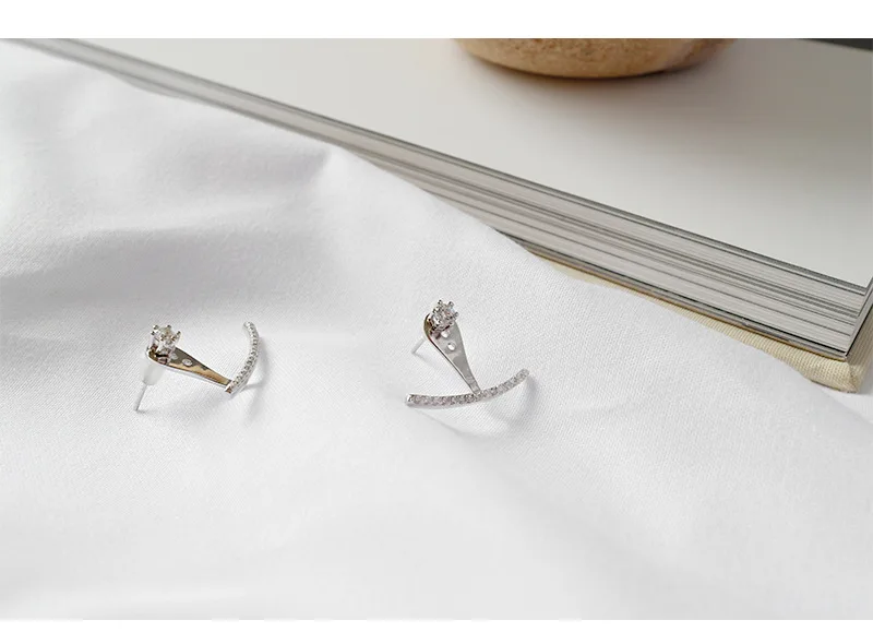 Genuine 100% 925 Sterling Silver Bling double-faced CZ Small Arc Stud Earrings for Women Jewelry | Украшения и аксессуары
