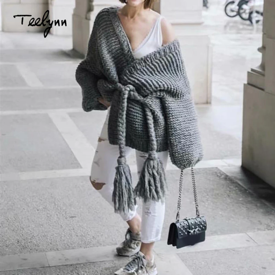 TEELYNN Boho sweater for women 2018 new winter long sleeve cardigan thick warm coat Special belt knitted brand sweaters outwear |
