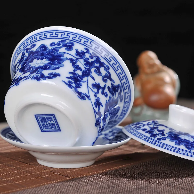 Китайский чайный набор Gaiwan синий и белый фарфоровый кунг фу Tureen керамическая