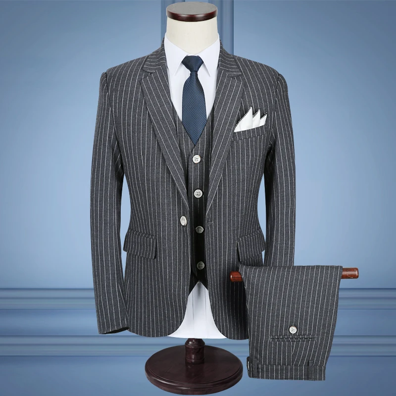 3 предмета Классическая Бизнес полосатый Костюмы для Для мужчин Slim Fit Свадебный