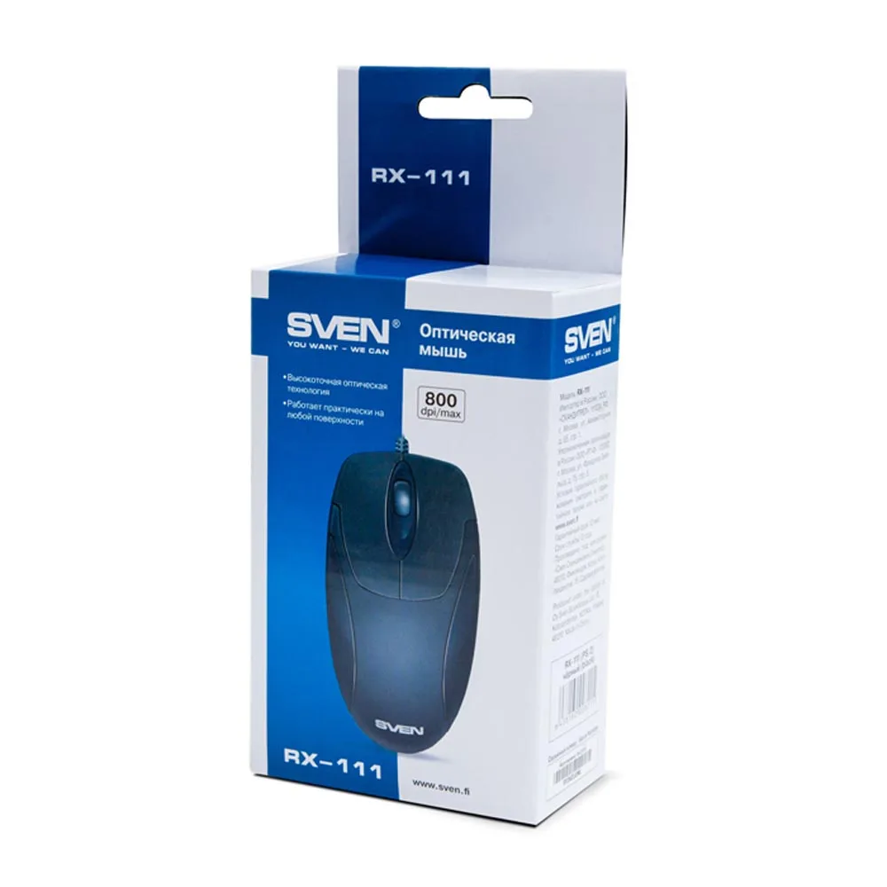 Мышь SVEN RX-111 USB чёрная (2+1кл. 800DPI цвет. картон каб. 1 5м) | Компьютеры и офис