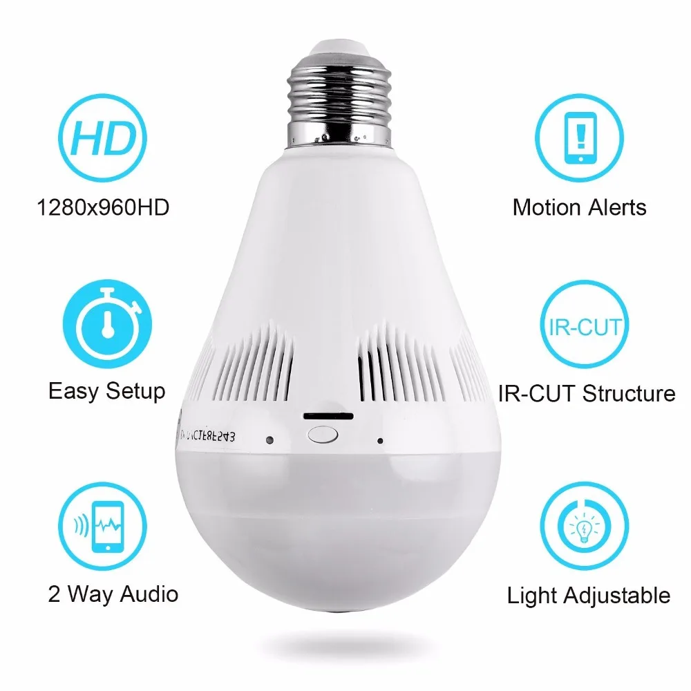 WIFI IP светодиодное освещение лампа CCTV камера 360 градусов Панорама рыбий глаз 1.3MP