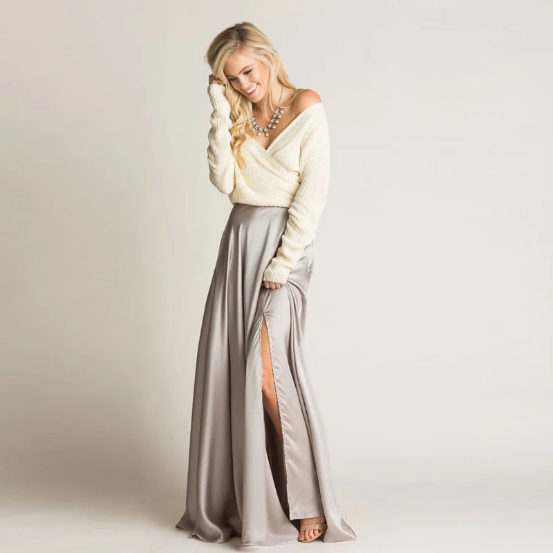 

Fashion Long Silk Satin Skirt For Women With Middle Side Split Elegant Light Gray Female Skirts Maxi Skirt Zipper Saia Longa