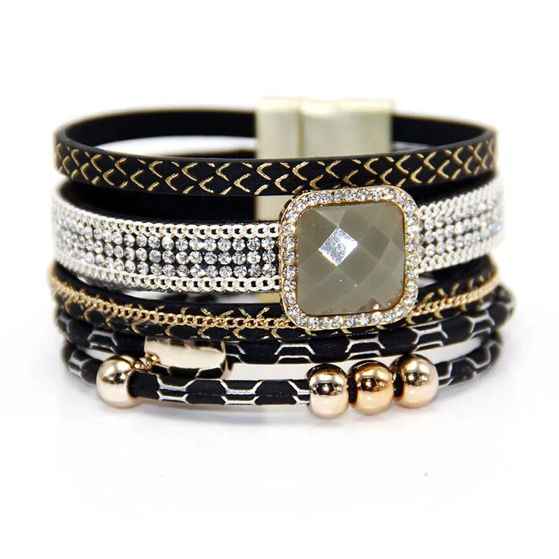 2019 Boho Женская мода с камнями стразами магнетические кожаные браслеты и богемные
