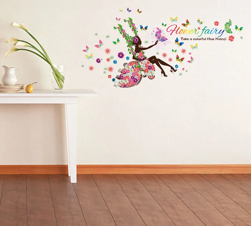 60*90 см DIY черный цветок наклейки на стену Феи подарок для девочек гостиной комнаты