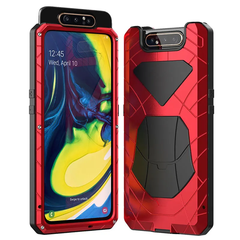 For Samsung Galaxy A80 Phone Case Hard Aluminum Metal Tempered Glass Screen Gift Protector Cover Heavy Duty Protection Cover