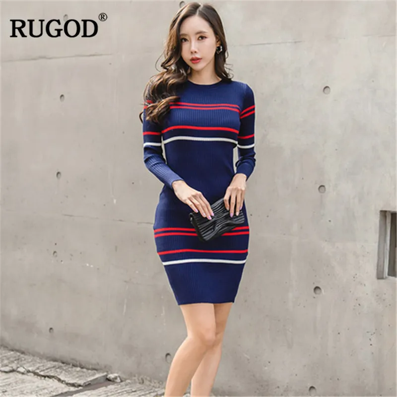 RUGOD 2018 Новый Bodycon платье Для женщин в полоску с круглым вырезом миди оболочка