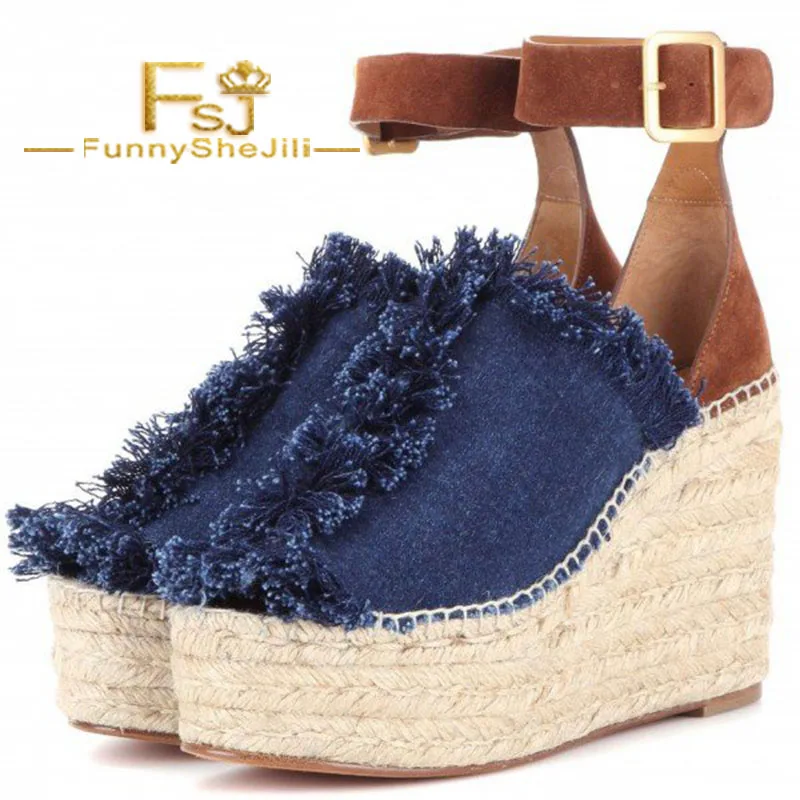 

Blue Jean Peep Toe Denim Ankle Strap Wedge Heels Platform Sandals Noble Generous Incomparable Elegant Women Shoes FSJ Sexy