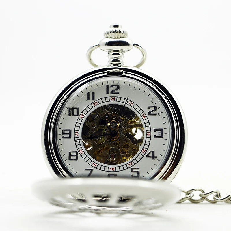 Luxury Silver Laser Anchor Round Hollow Design Manual Mechanical Pocket Watch Fashion Men's Pendant Necklace Accessories Clock