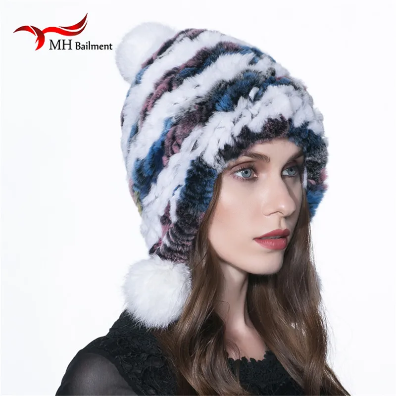Новинка Шапка бини Для женщин трикотажные из натуральной шапка меха кролика рекс