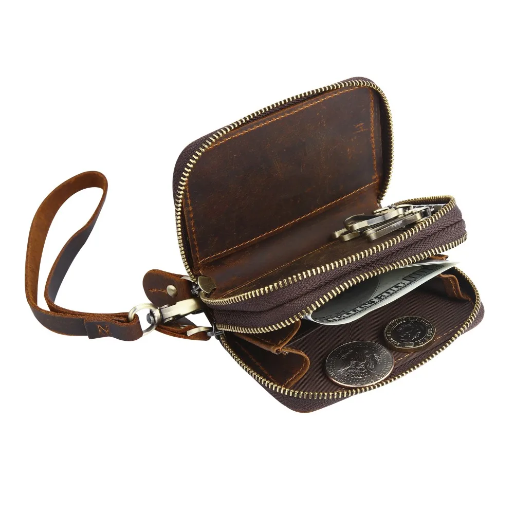 Vintage Genuine Leather Smart Key Coin Pack Metal Hook Chain Zipper Bag Car Holder | Багаж и сумки