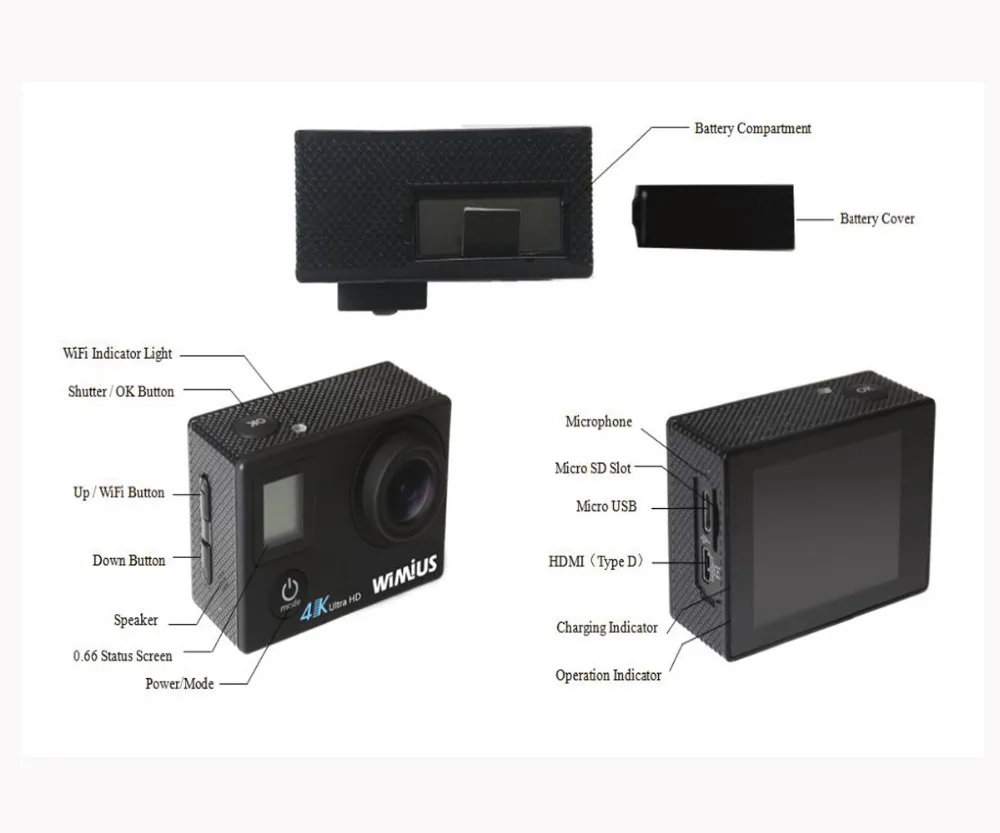 4 К действие Камера Wi-Fi 2 &quotLTPS + 0.66 экрана статус Спорт шлем CAM Full HD 1080 P 60fps мини