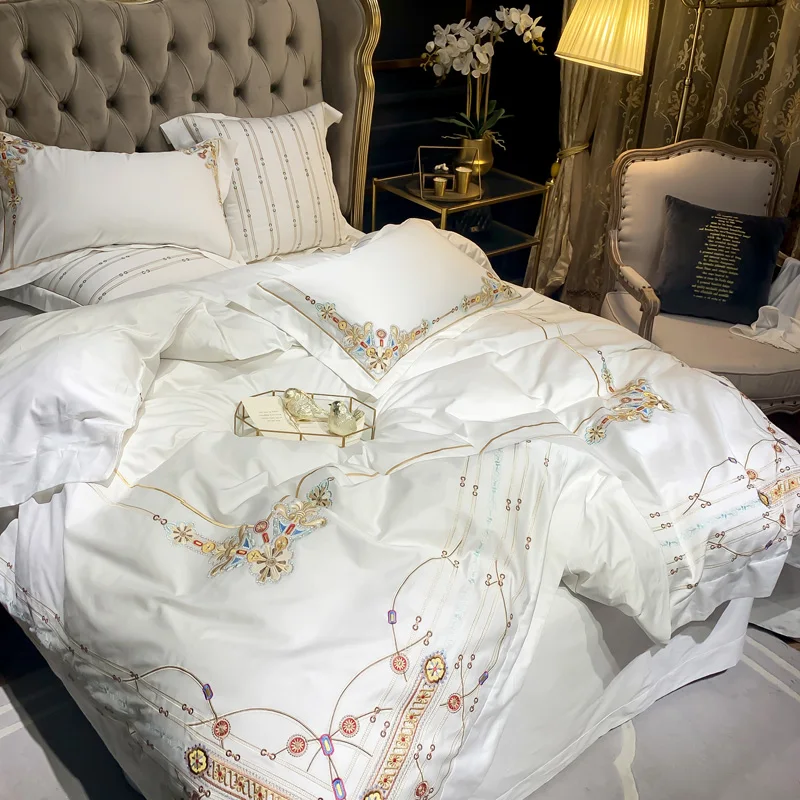

Luxury Egyptian cotton bedding set embroidery duvet cover sets 4/6pcs white pillowcase bed linen bedclothes queen /king size #a
