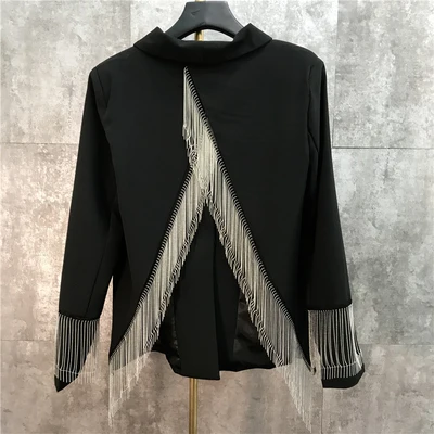 black Cakucool Женская официальная куртка подиумный дизайн отложной воротник разрез сзади кисточки пальто на одной пуговице шикарная Корейская верхняя одежда женская - Цвет: black