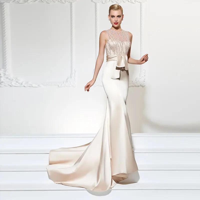 

Tanpell Champagne Evening Dress Jewel Trumpet Lace Sashes Court Train Floor Length Women party Gown Mermaid Evening Dress
