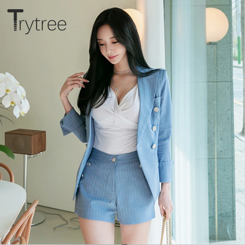 Комплект из двух предметов Trytree Женский повседневный жакет в полоску с синим