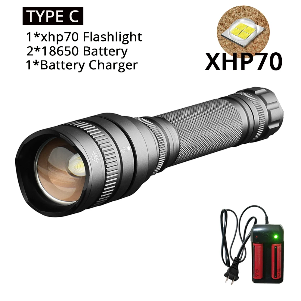 TYPE C Яркий фонарик XHP70, Мощный тактический светодиодный фонарь, фонарь с зумом, 5 режимов, лампа на 2*18650 батарейках, новое поступление - Испускаемый цвет: TYPE C