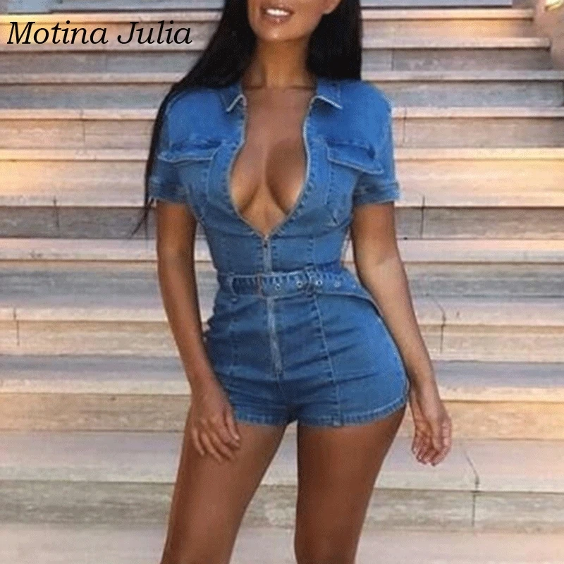Motina Юлия 2019 Лето молния джинсовый комбинезон женщин облегающее сексуальное