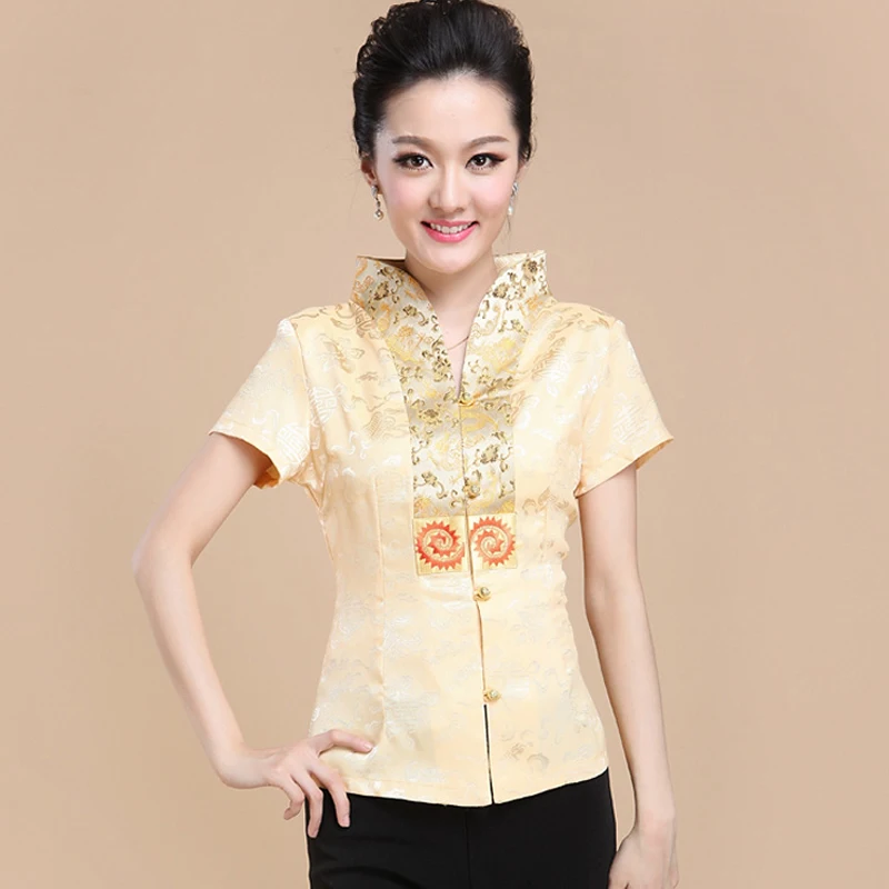 Желтые Модные новые рубашки с коротким рукавом вышивкой китайские традиционные
