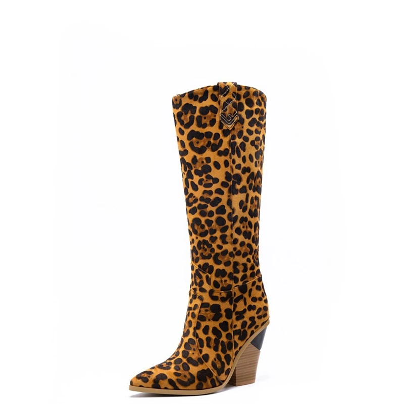Leopard SIMLOVEYO/ г. Новые Брендовые женские сапоги до колена ковбойские сапоги в западном стиле с острым носком, на среднем квадратном каблуке, без шнуровки большой размер 15 46, Леопардовый, золотистый - Цвет: Leopard